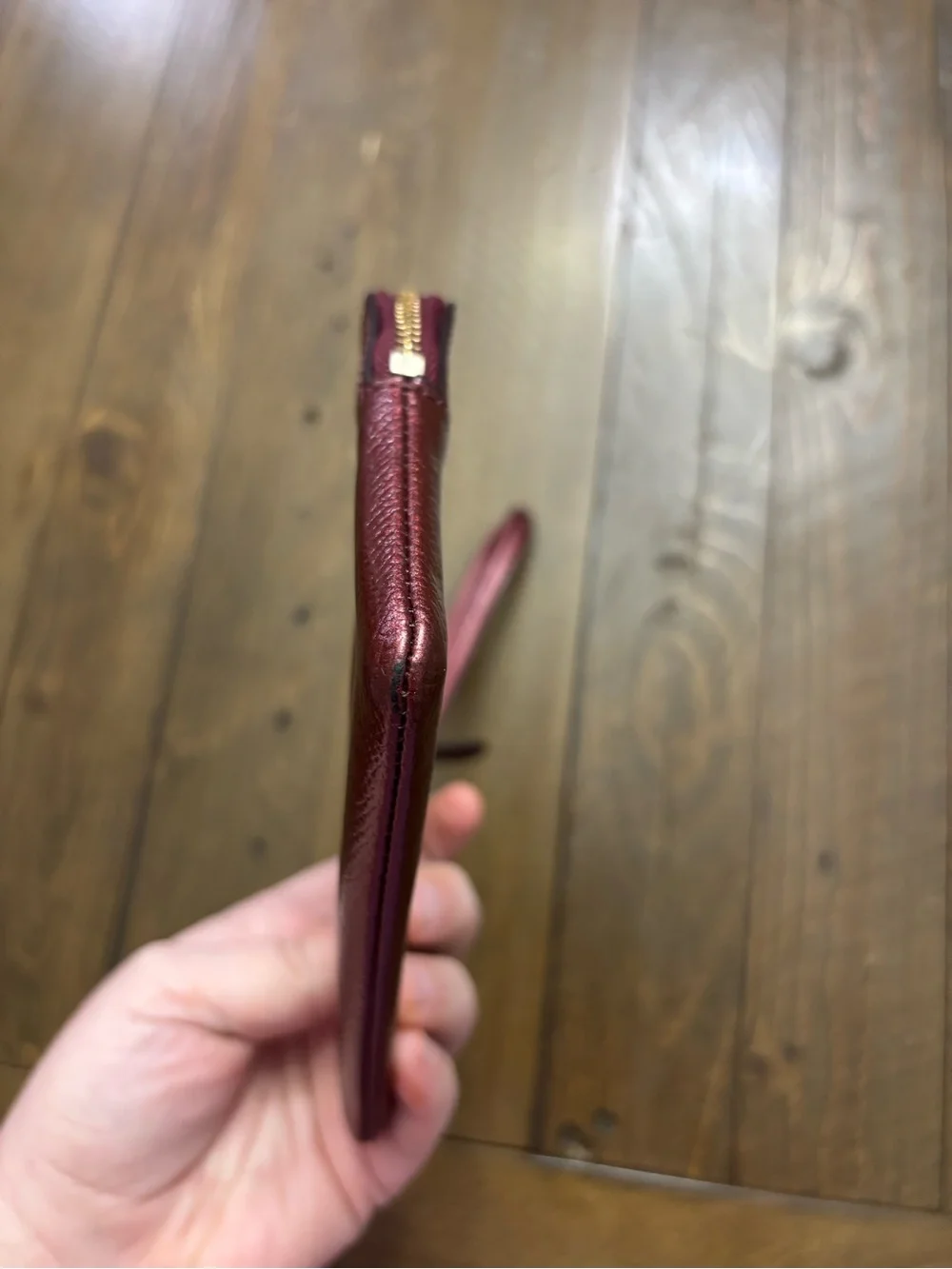 Coach Pebbled Leather Wristlet in Metallic Burgundy